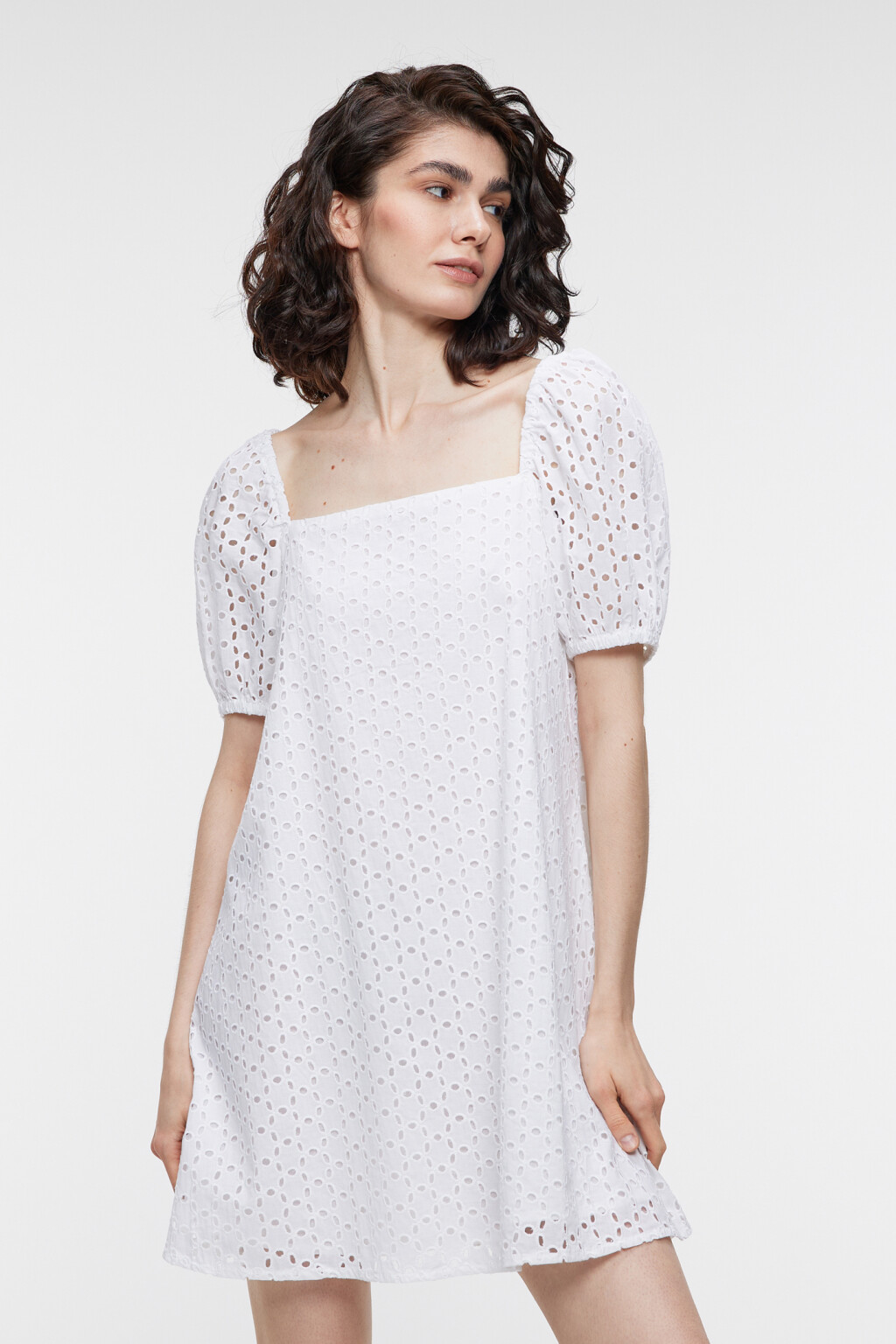 Платье-трапеция широкого кроя хлопковое ажурное - цвет белый - 2
