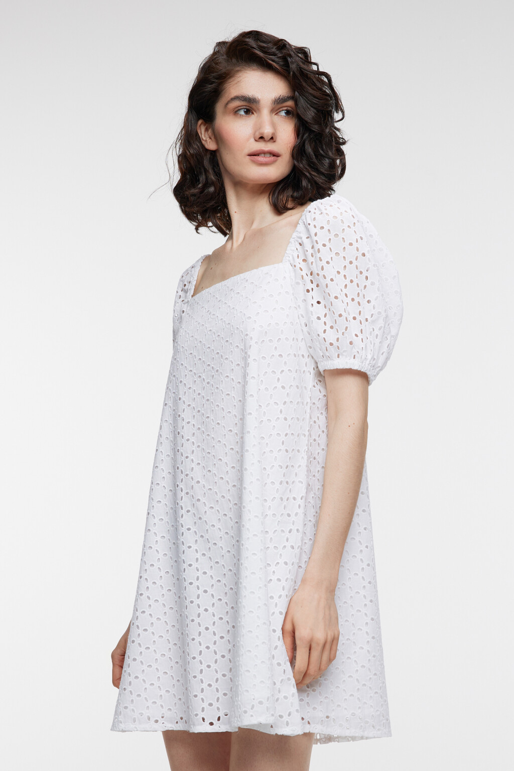 Платье-трапеция широкого кроя хлопковое ажурное - цвет белый - 3