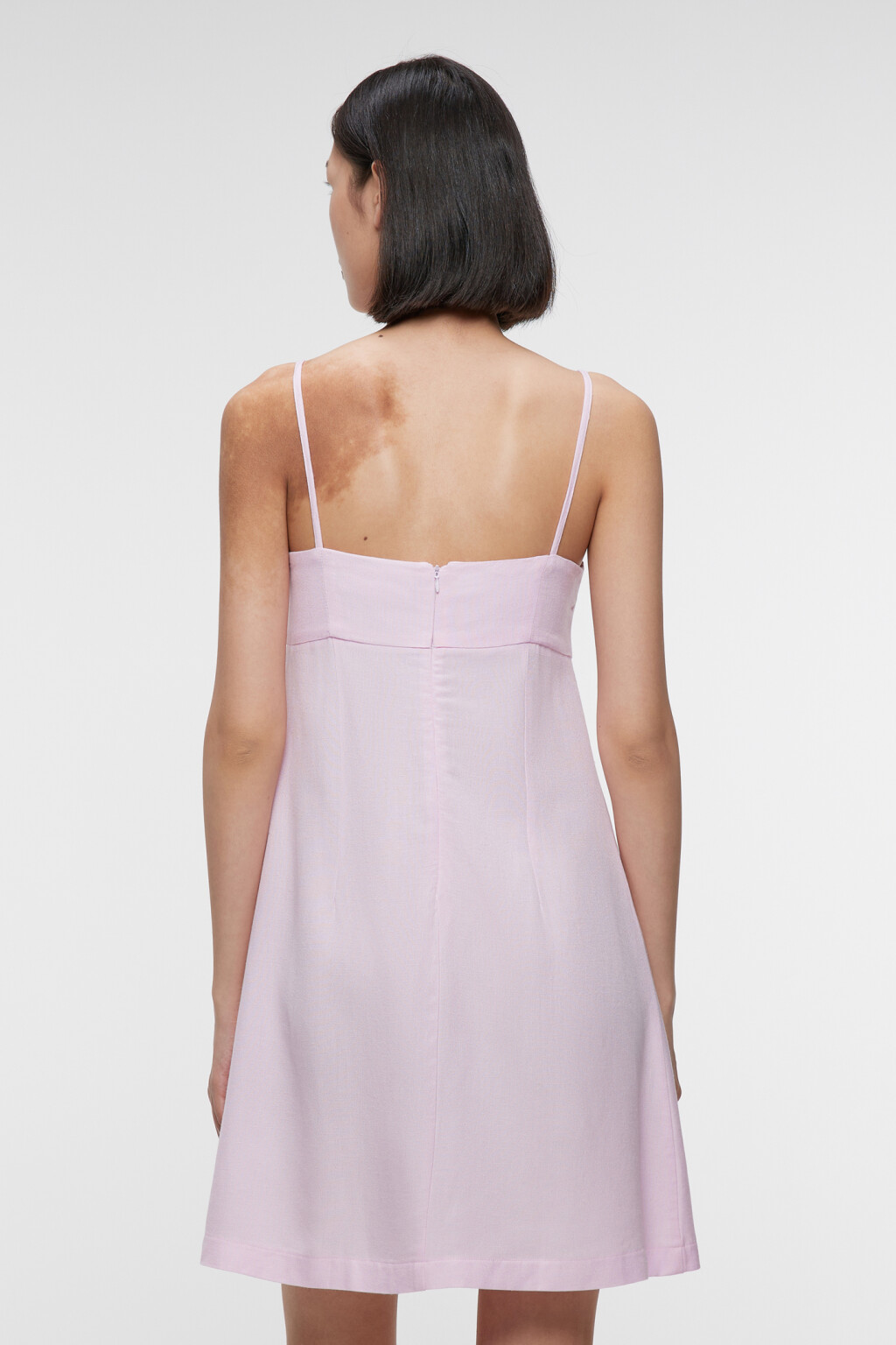 Платье мини льняное приталенное на тонких бретельках - цвет розовый - 3