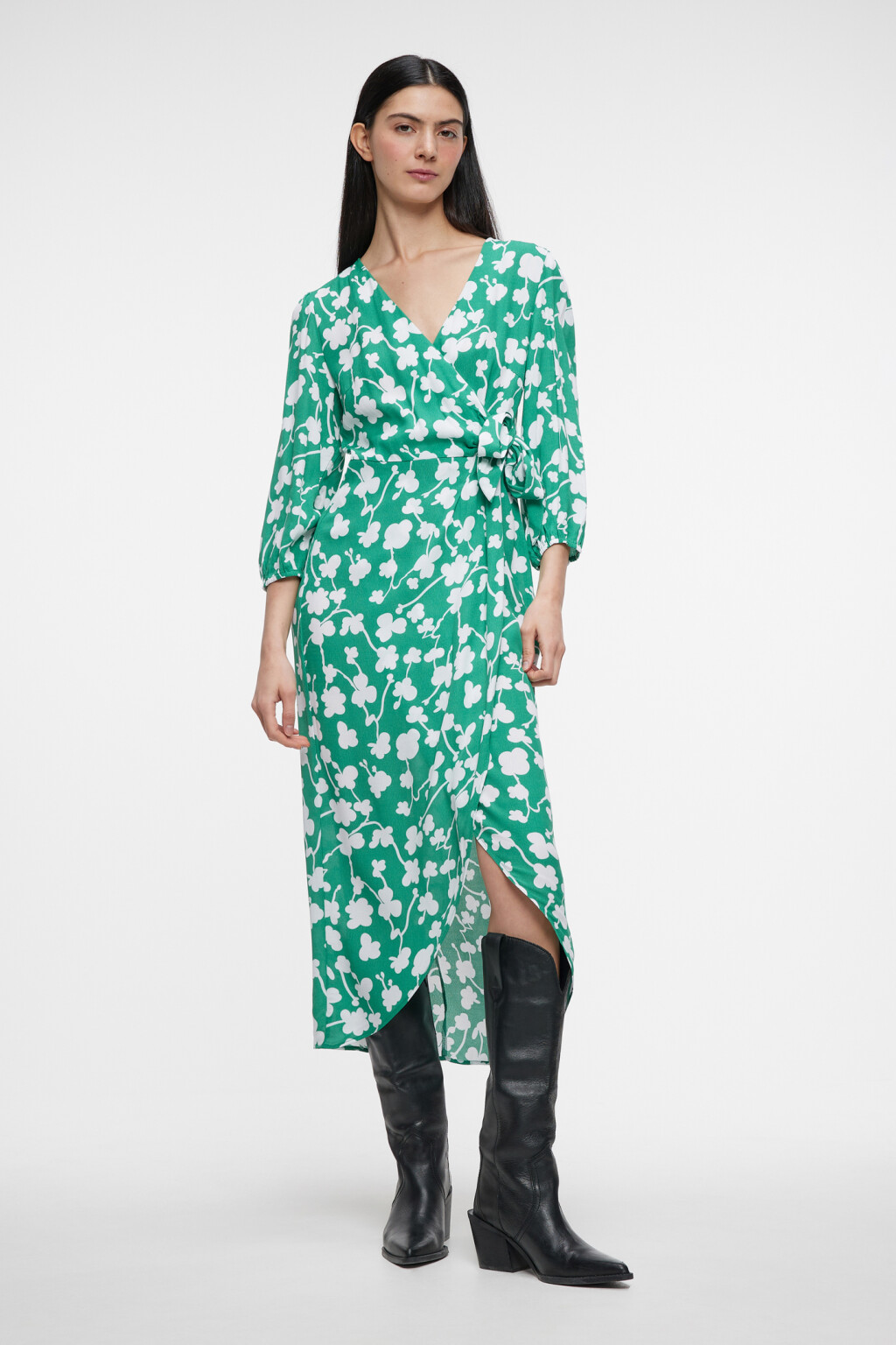 Платье миди вискозное с запахом и поясом - цвет зеленый - 1