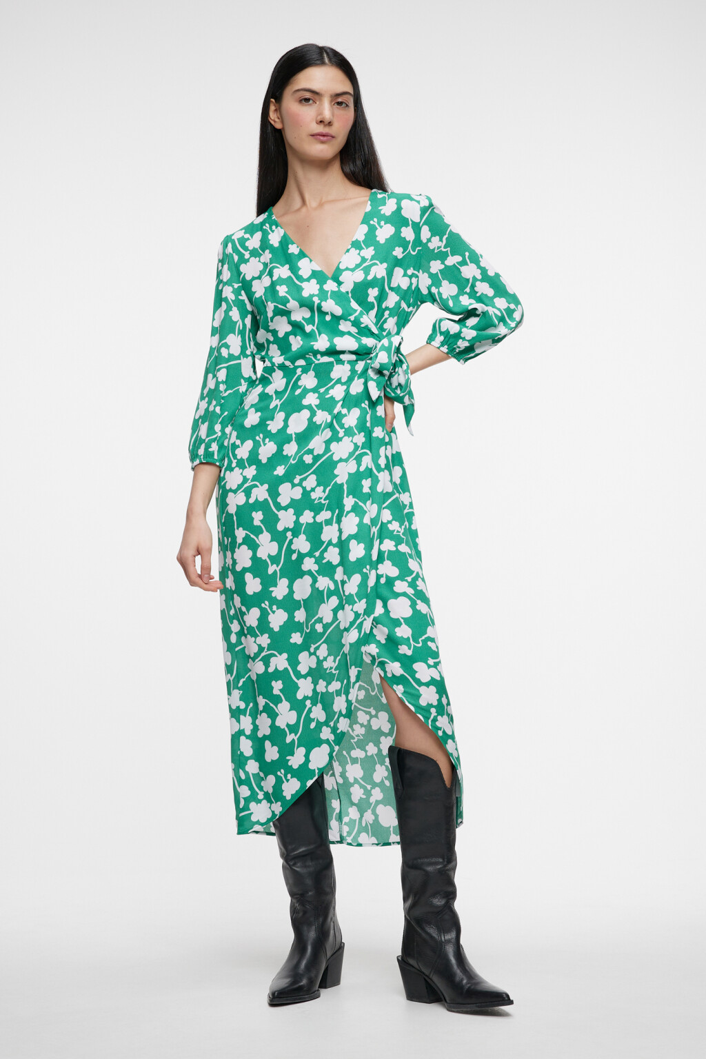 Платье миди вискозное с запахом и поясом - цвет зеленый - 4
