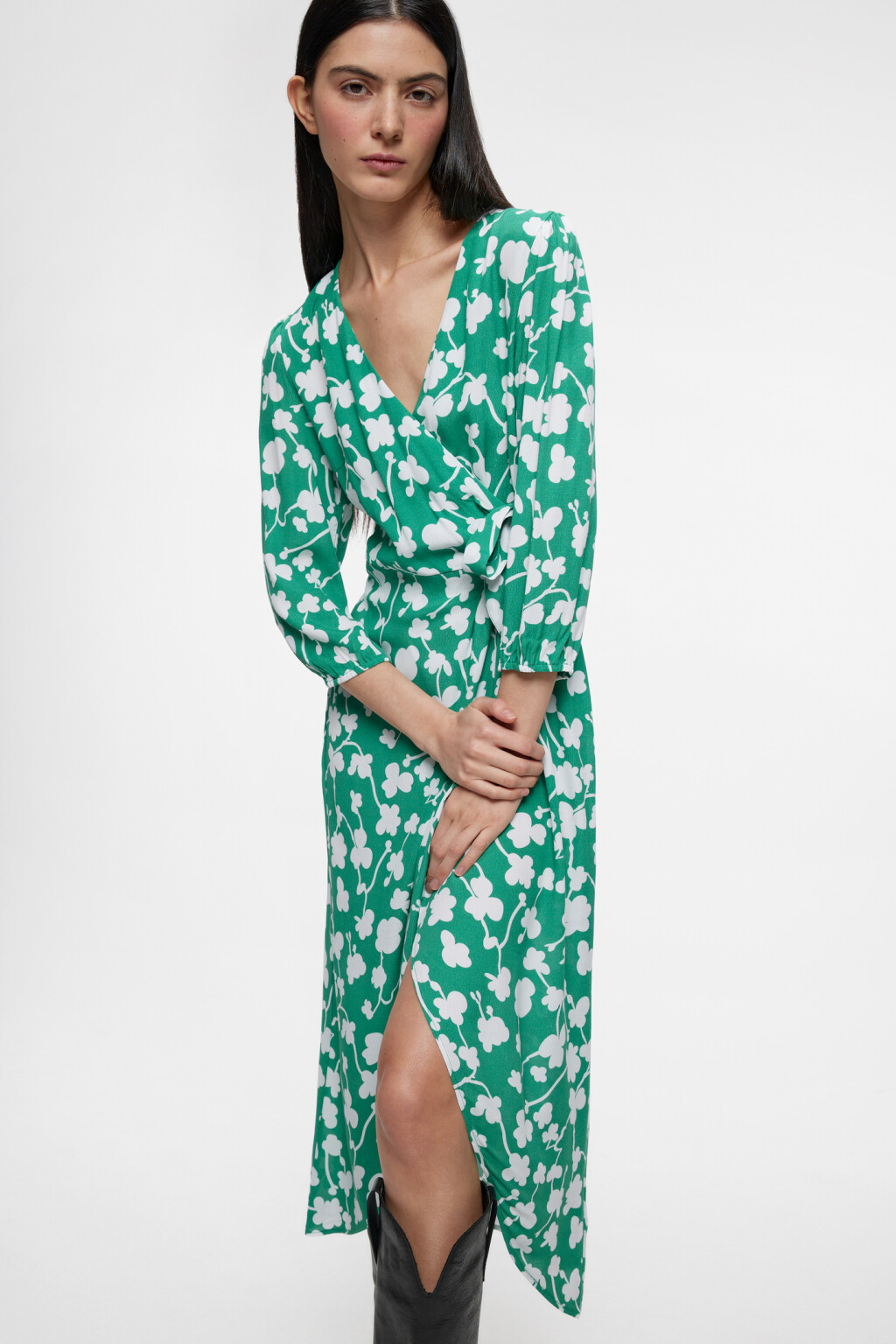 Платье миди вискозное с запахом и поясом - цвет зеленый - 8