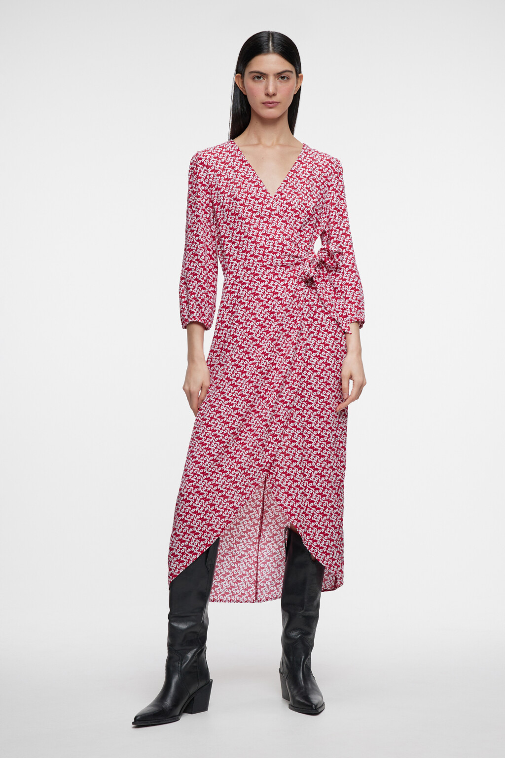 Платье миди вискозное с запахом и поясом - цвет красный - 1