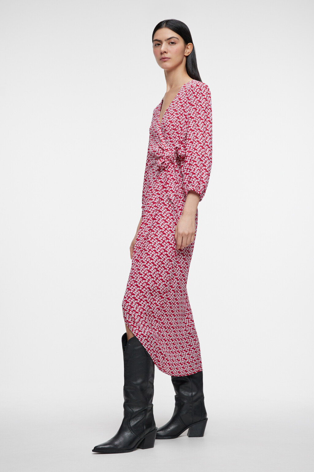 Платье миди вискозное с запахом и поясом - цвет красный - 2