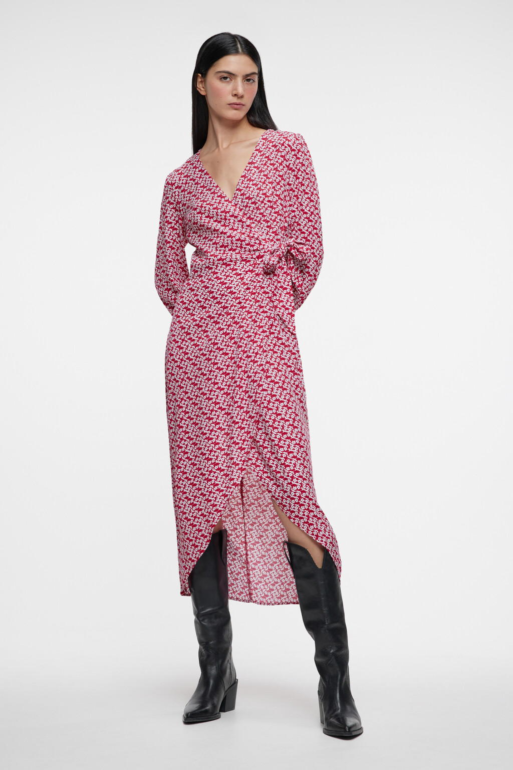 Платье миди вискозное с запахом и поясом - цвет красный - 4