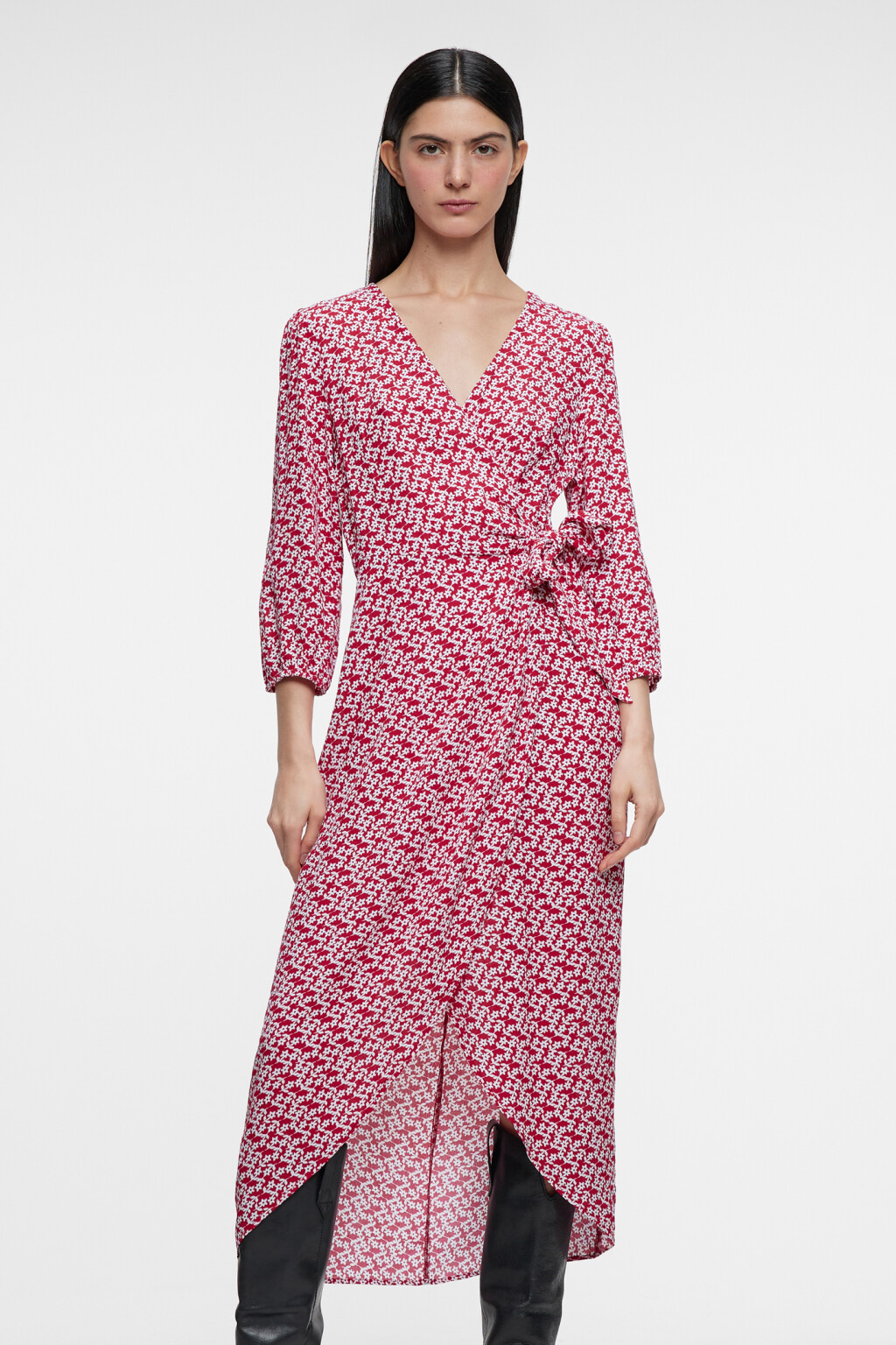 Платье миди вискозное с запахом и поясом - цвет красный - 7