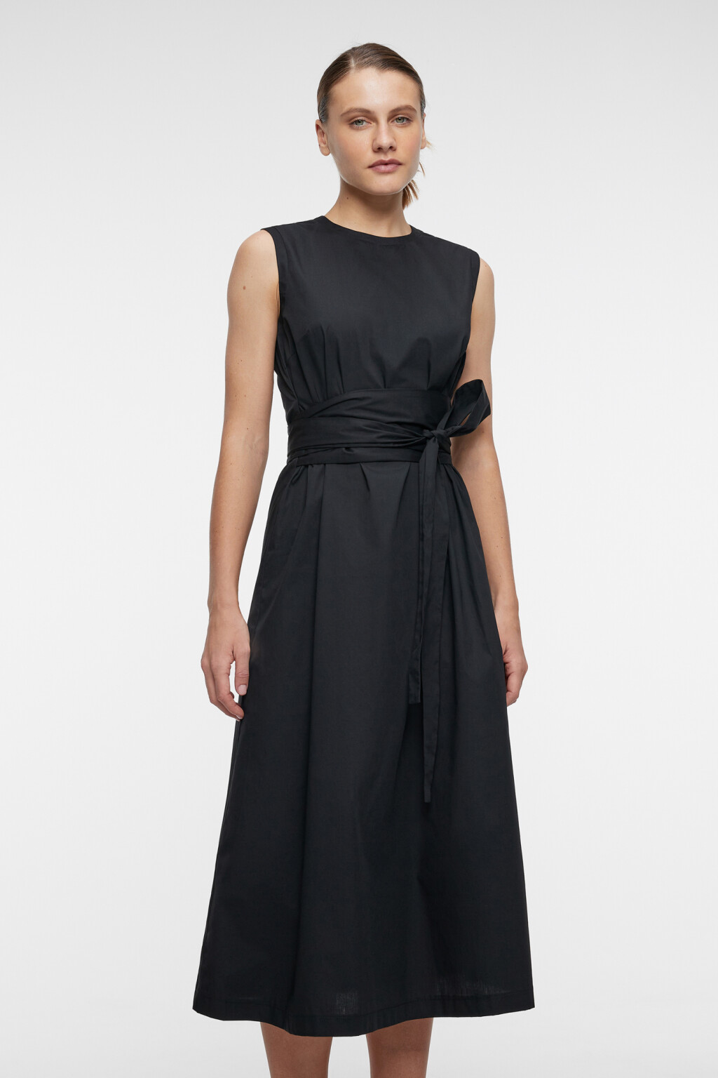 Платье-майка миди приталенное хлопковое с поясом - цвет черный - 1