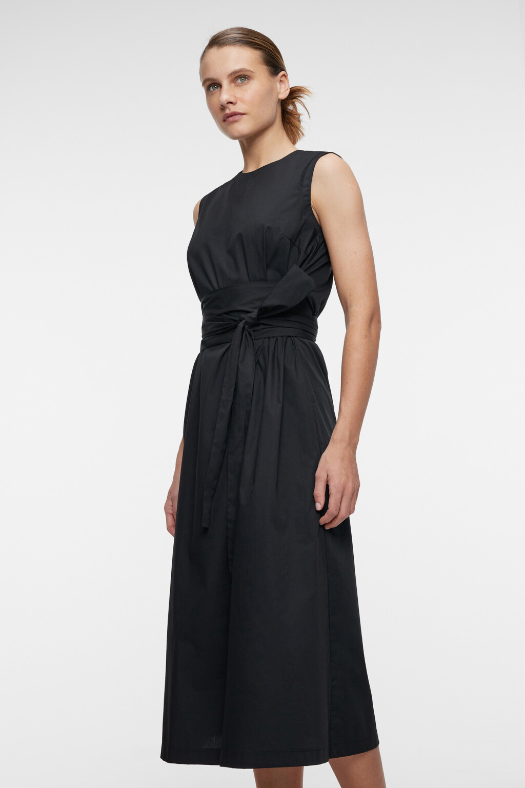 Платье-майка миди приталенное хлопковое с поясом - цвет черный - 2