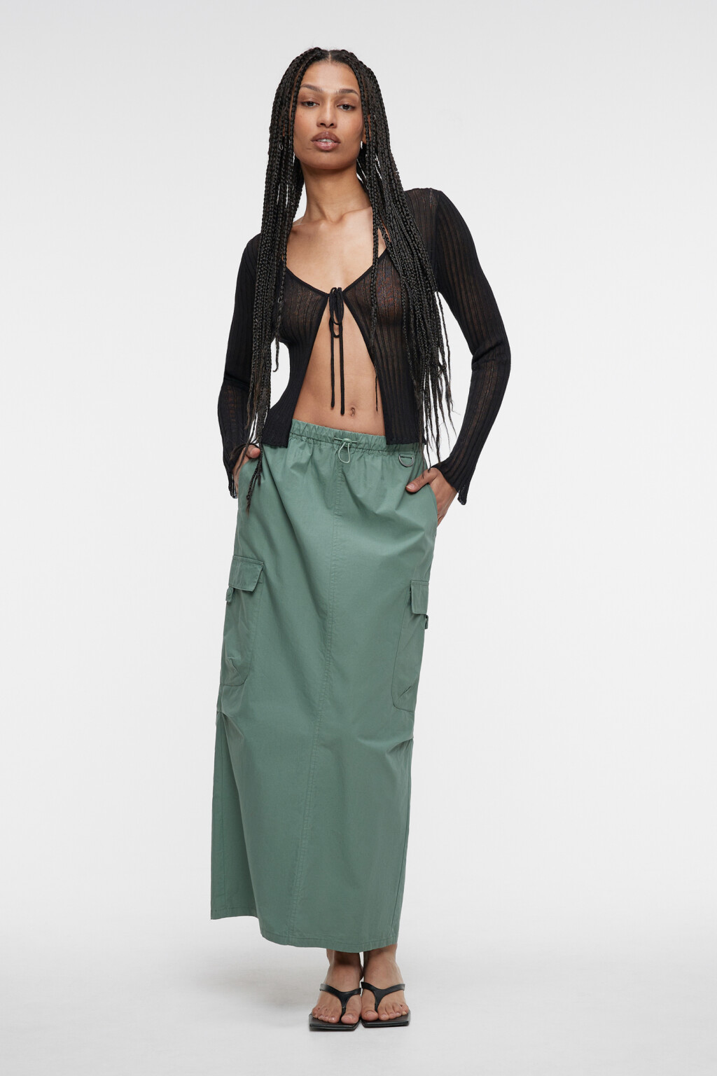 Юбка-парашют макси хлопковая с утяжками на поясе - цвет зеленый - 4