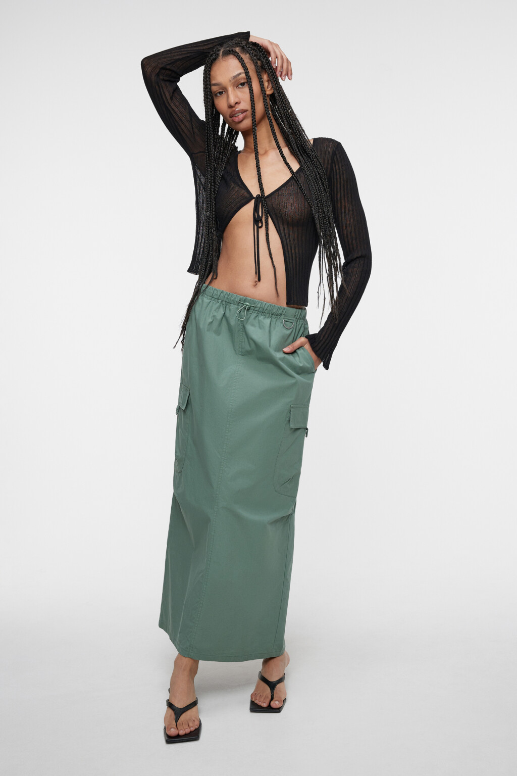 Юбка-парашют макси хлопковая с утяжками на поясе - цвет зеленый - 7