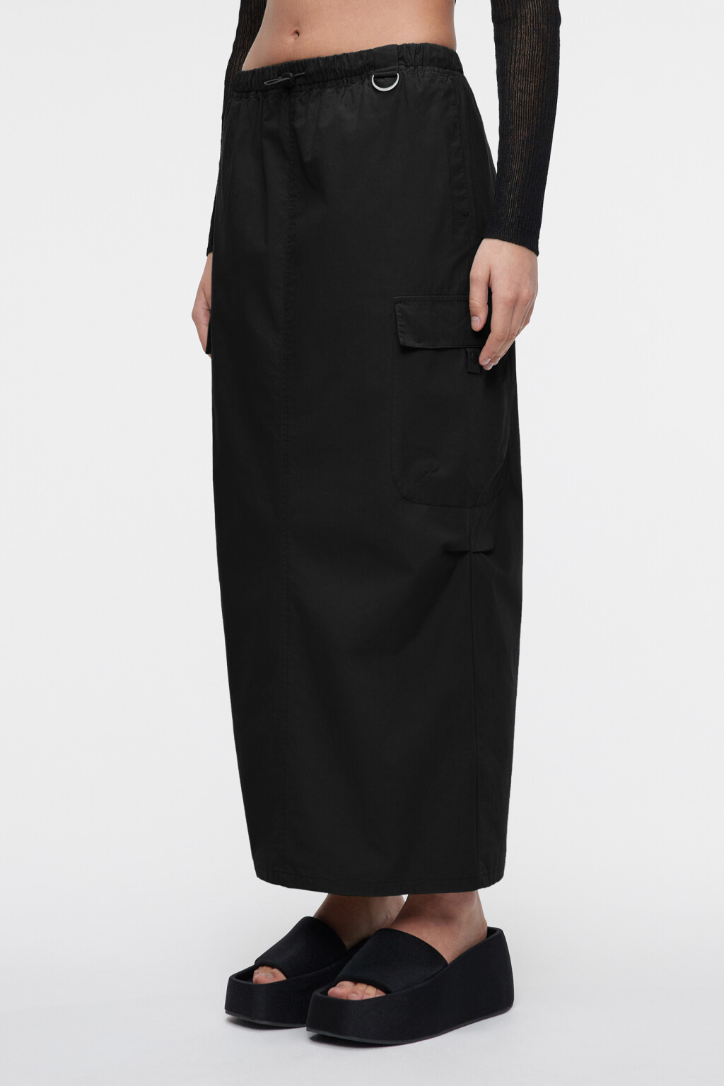 Юбка-парашют макси хлопковая с утяжками на поясе - цвет черный - 3