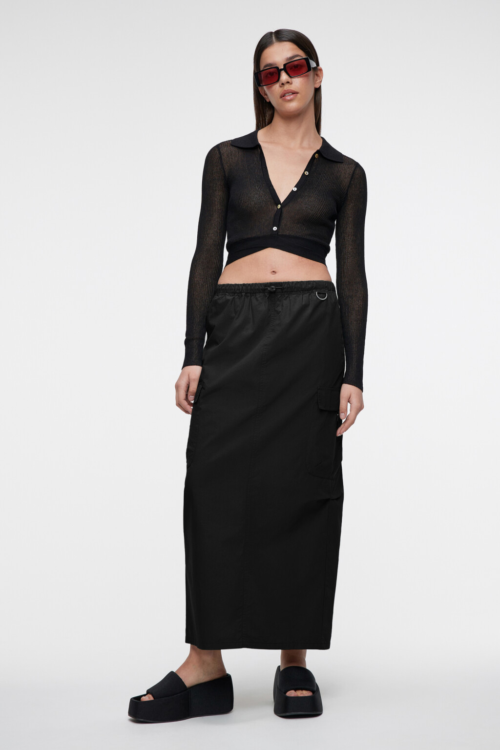 Юбка-парашют макси хлопковая с утяжками на поясе - цвет черный - 1