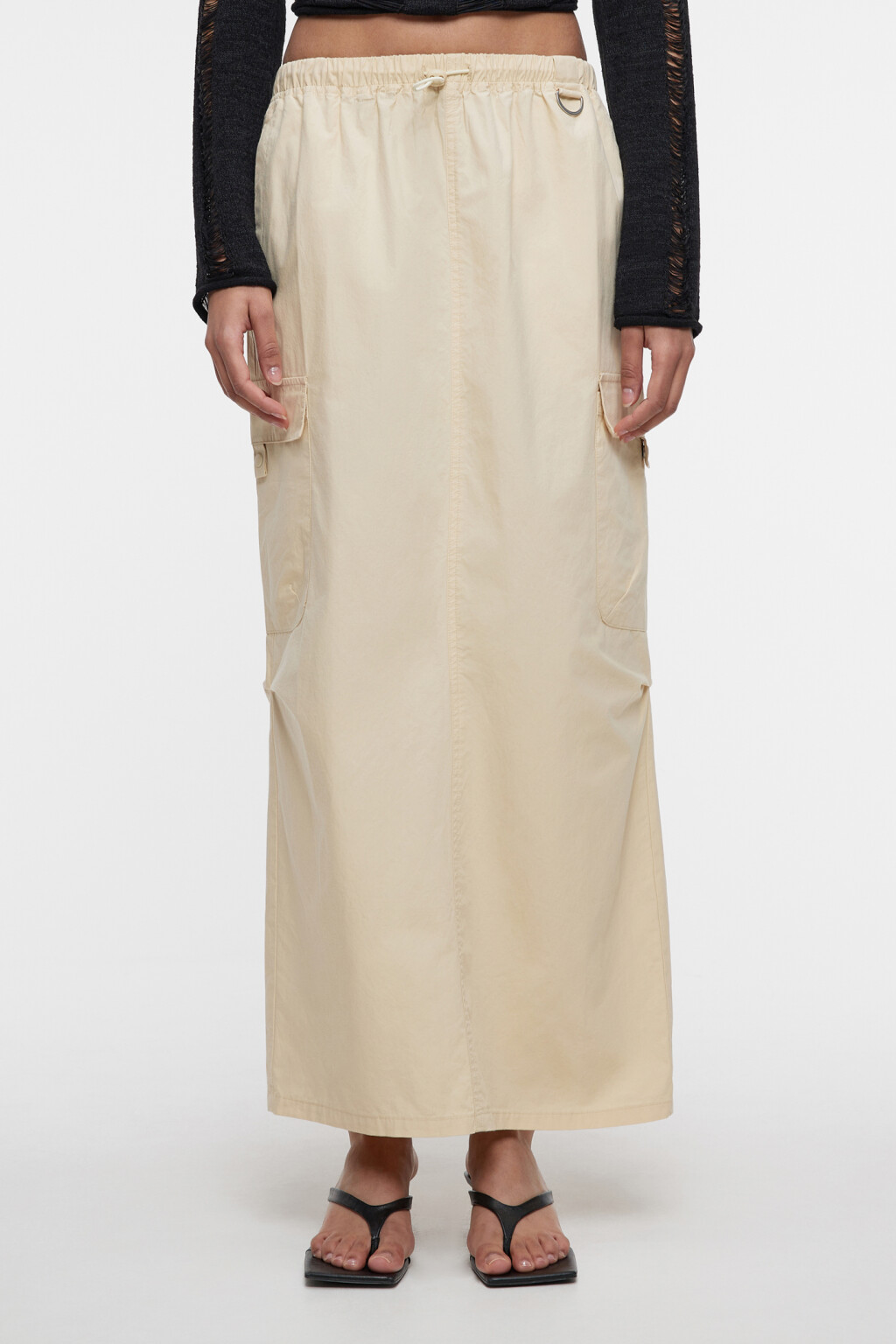 Юбка-парашют макси хлопковая с утяжками на поясе - цвет бежевый - 2