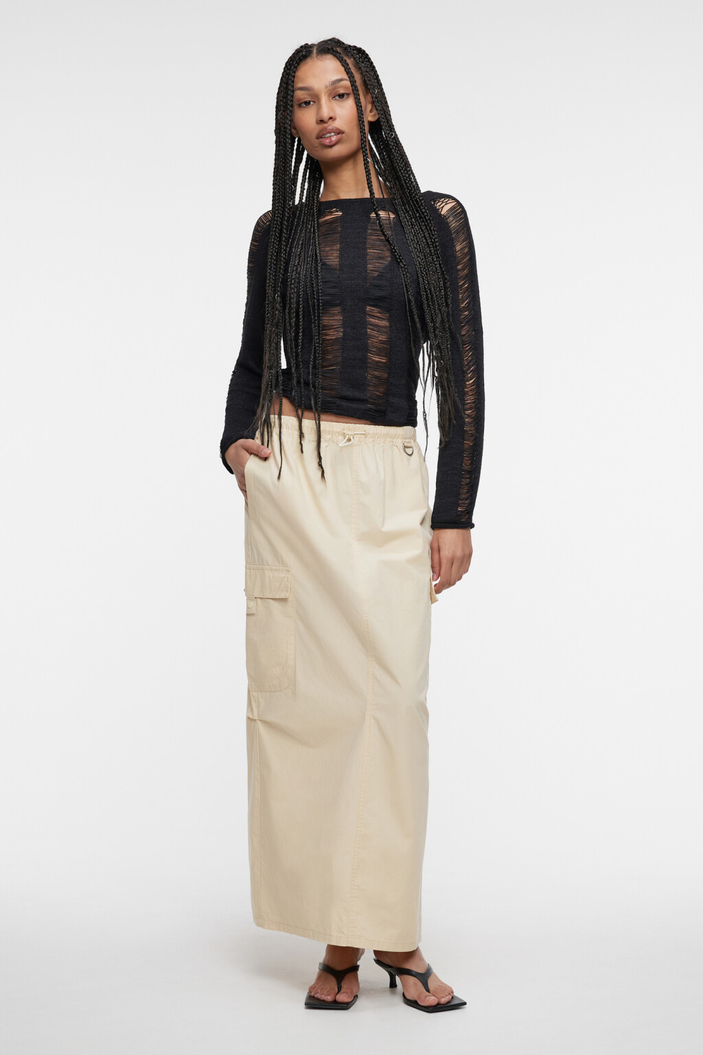 Юбка-парашют макси хлопковая с утяжками на поясе - цвет бежевый - 5