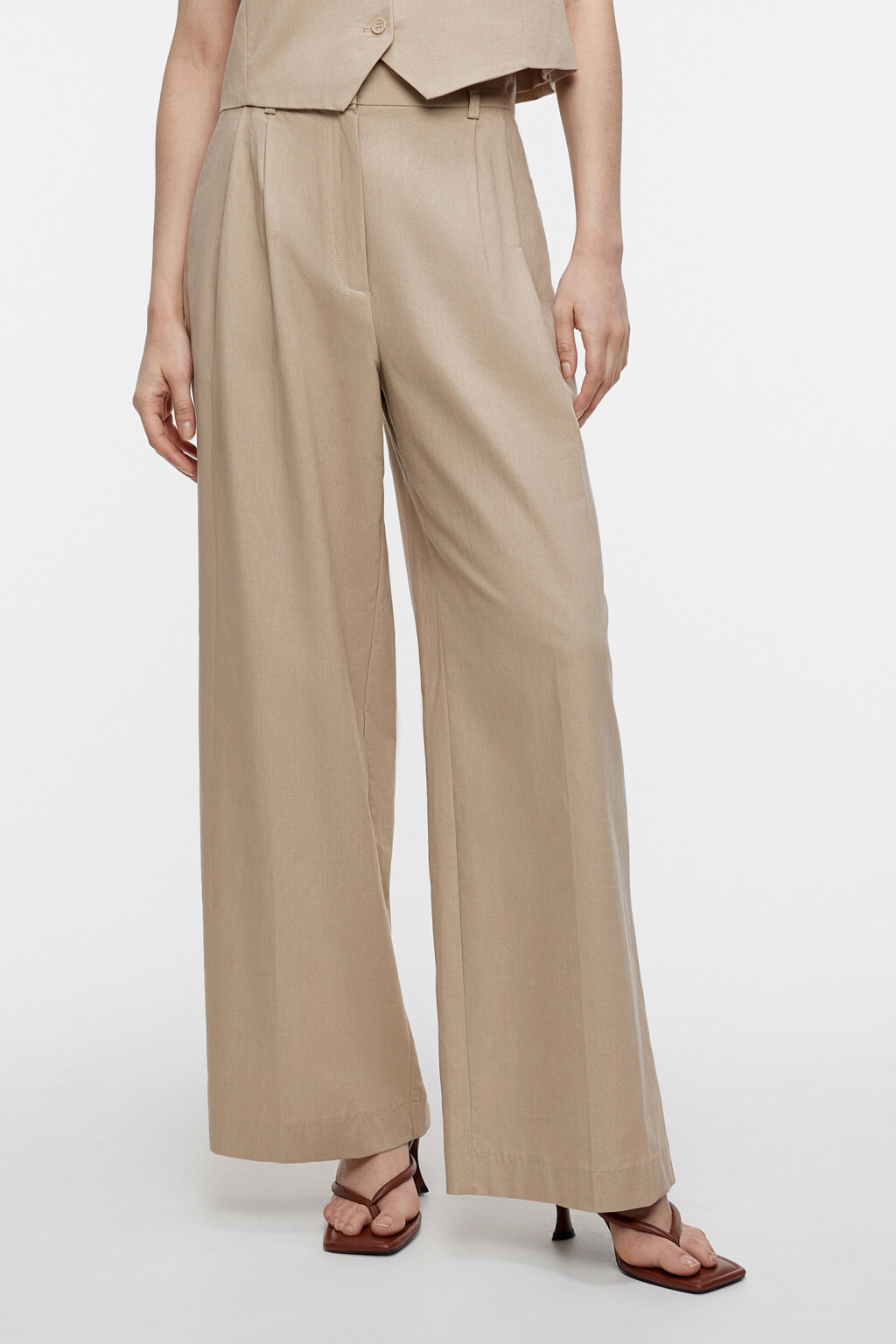 Брюки широкие костюмные из льняной ткани - цвет бежевый - 2