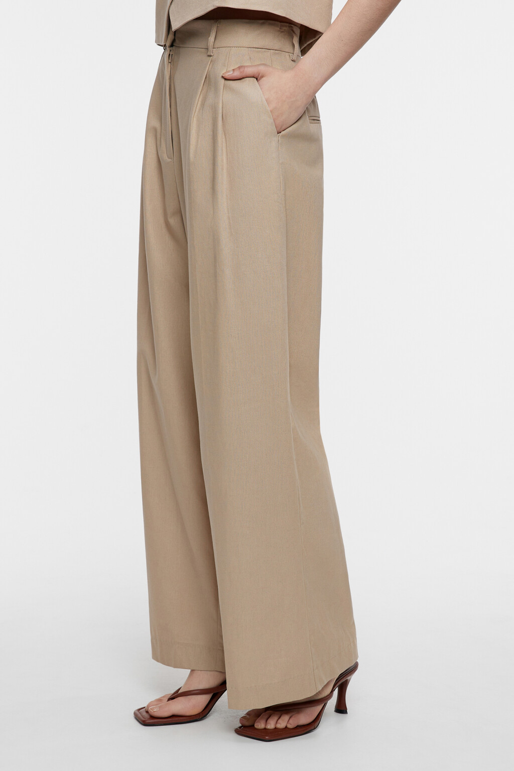 Брюки широкие костюмные из льняной ткани - цвет бежевый - 3