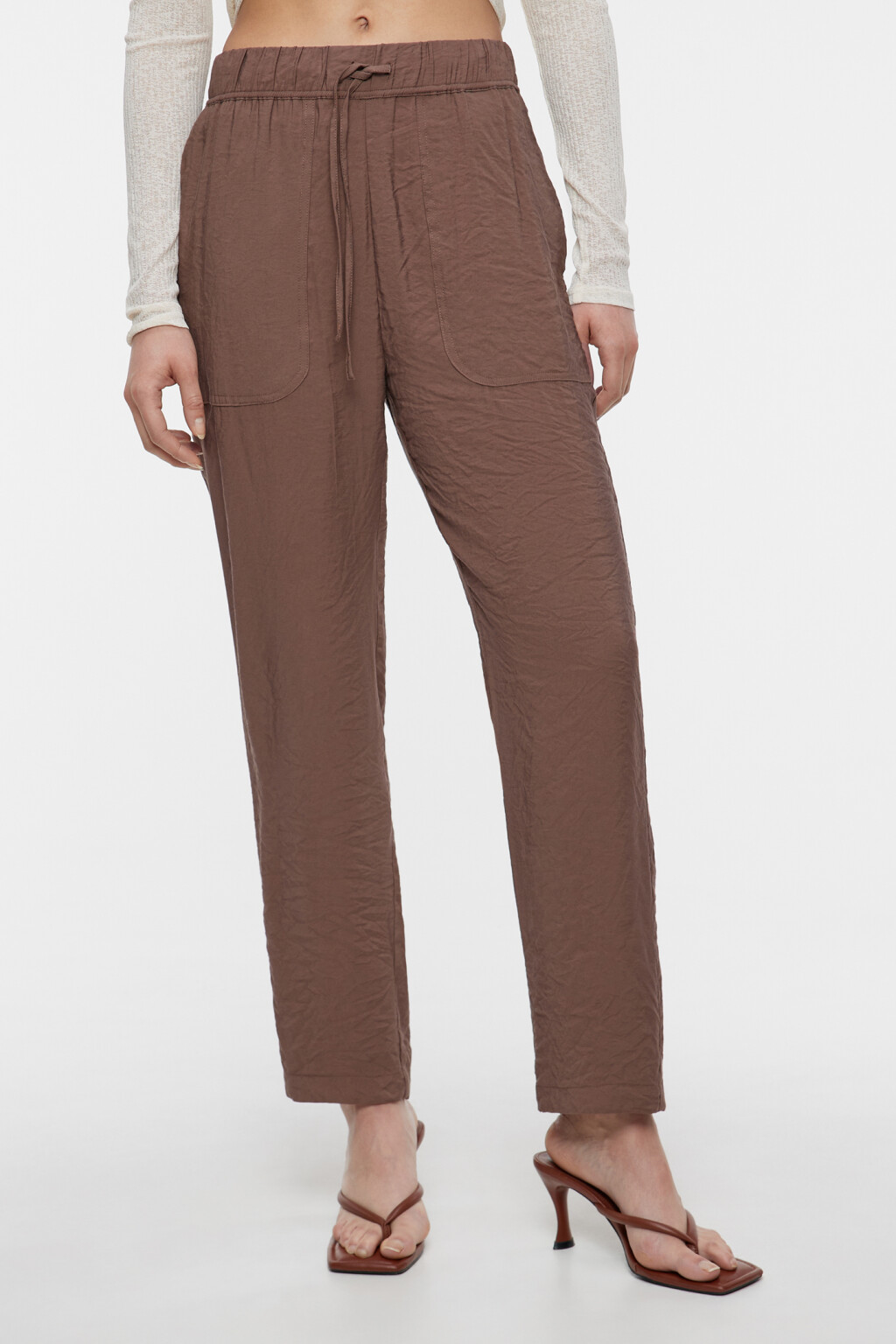 Брюки прямые вискозные с поясом на завязках - цвет коричневый - 1