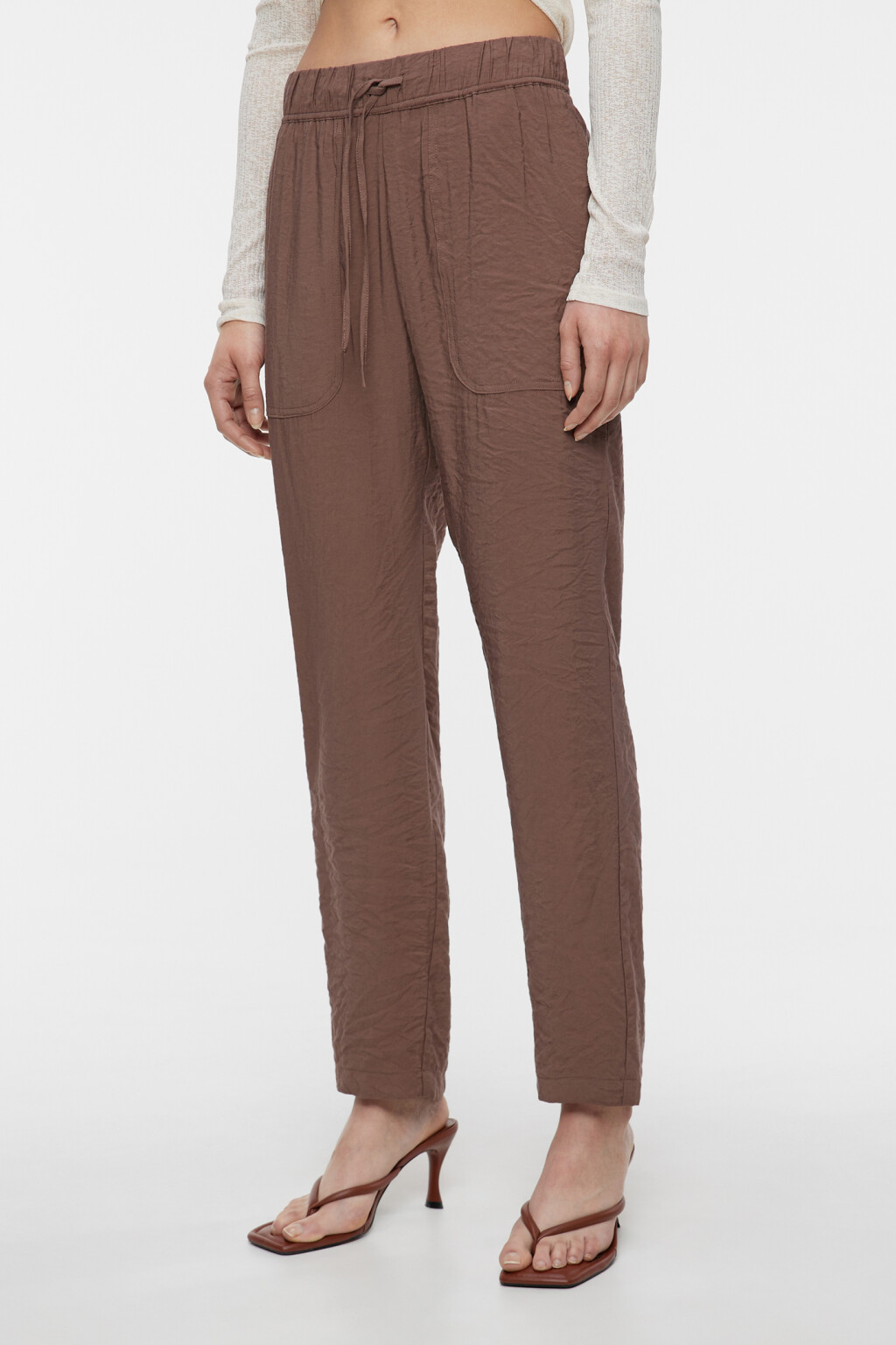 Брюки прямые вискозные с поясом на завязках - цвет коричневый - 2