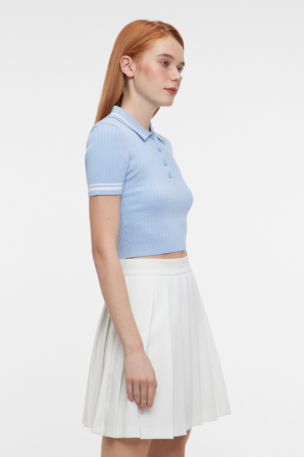 Футболка-поло вискозная укороченная в рубчик - цвет голубой - 3