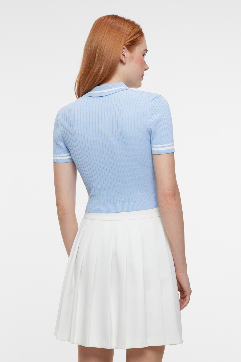 Футболка-поло вискозная укороченная в рубчик - цвет голубой - 4