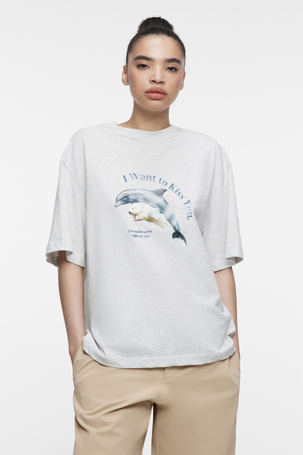 Футболка свободная хлопковая с анималистическим принтом - цвет серый - 1