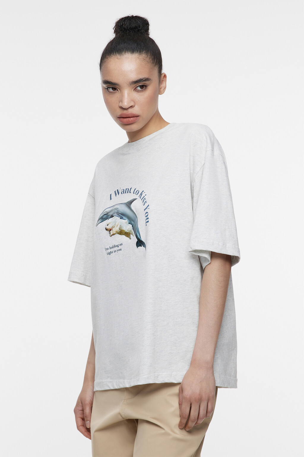 Футболка свободная хлопковая с анималистическим принтом - цвет серый - 2