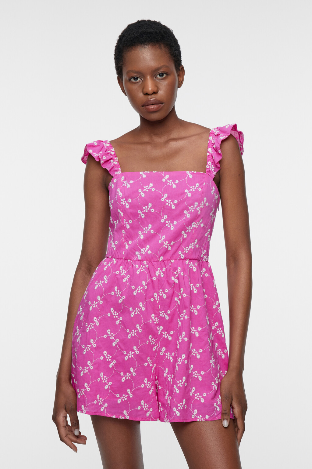 Комбинезон мини хлопковый приталенный с оборками - цвет розовый - 2