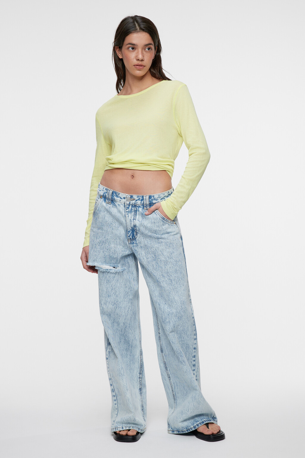 Лонгслив oversize хлопковый с вырезом-лодочкой - цвет желтый - 1