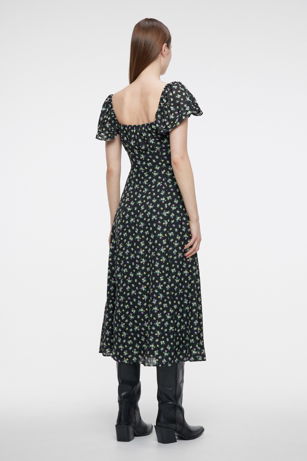 Платье миди приталенное с рукавами-крылышками и вырезом каре - цвет черный - 3