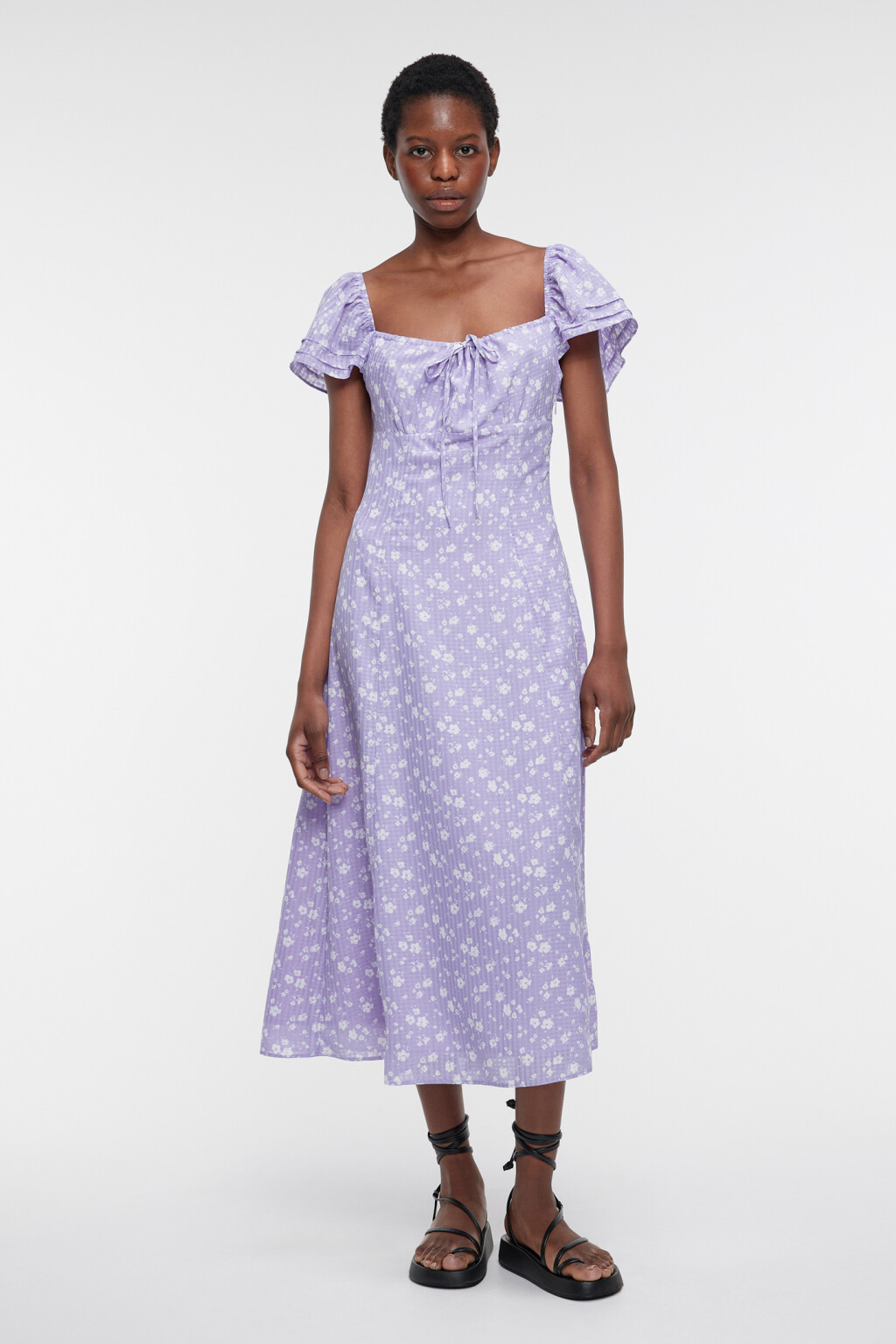 Платье миди приталенное с рукавами-крылышками и вырезом каре - цвет фиолетовый - 4