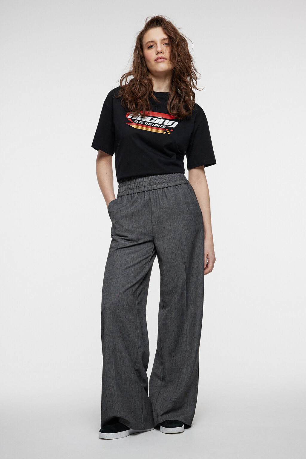 Брюки-палаццо костюмные с поясом на резинке - цвет серый - 4