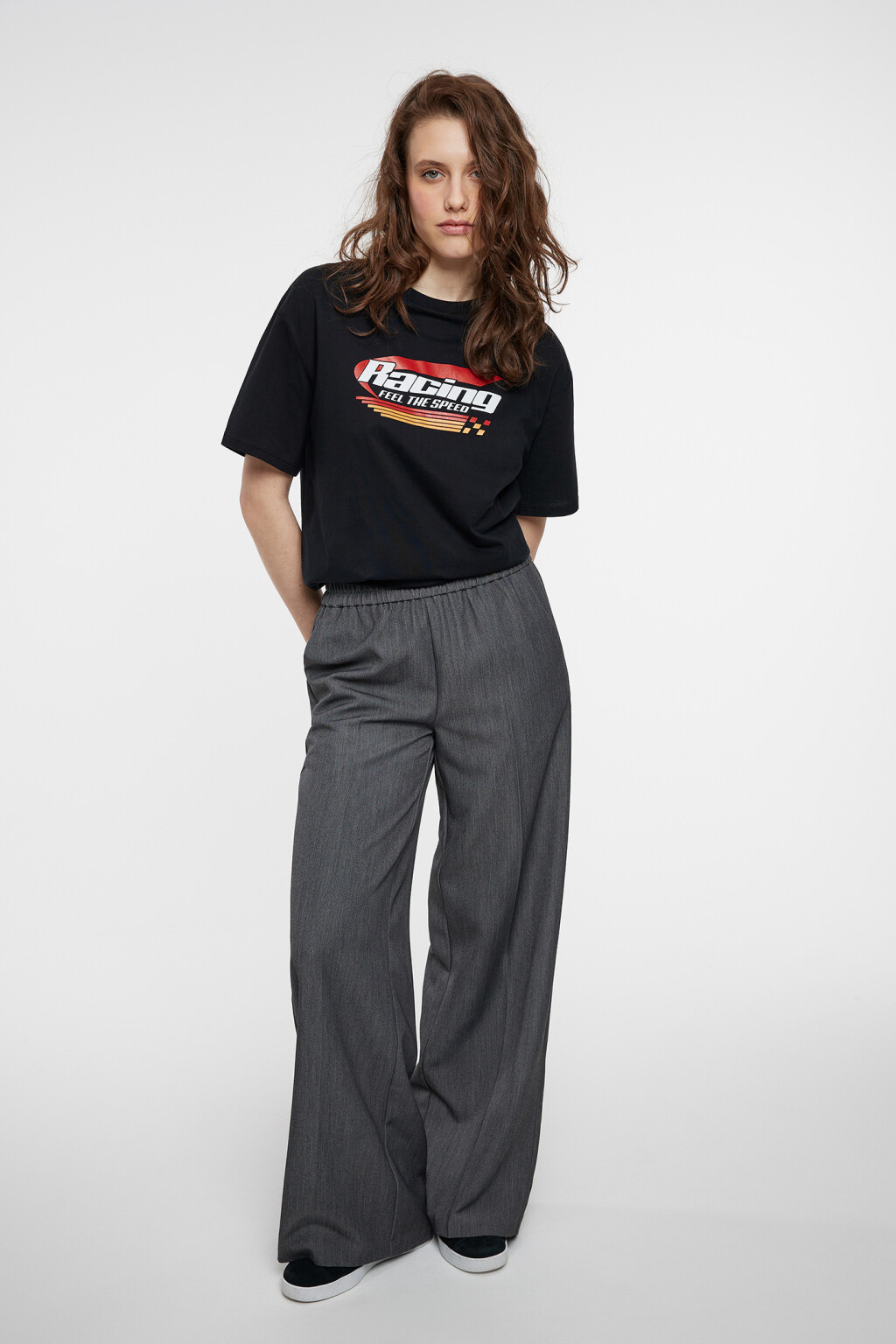 Брюки-палаццо костюмные с поясом на резинке - цвет серый - 7