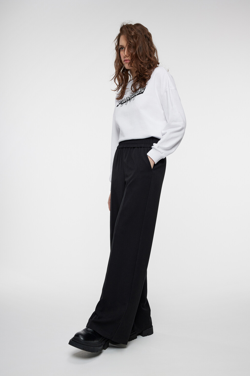 Брюки-палаццо костюмные с поясом на резинке - цвет черный - 7