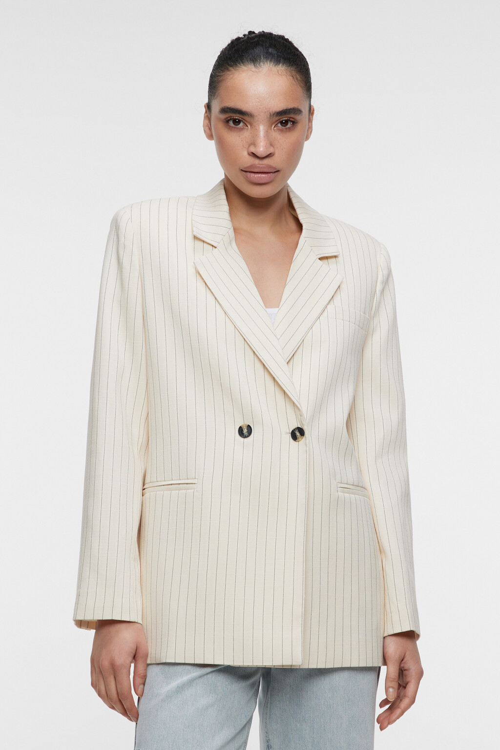 Пиджак oversize двубортный в вертикальную полоску - цвет бежевый - 2