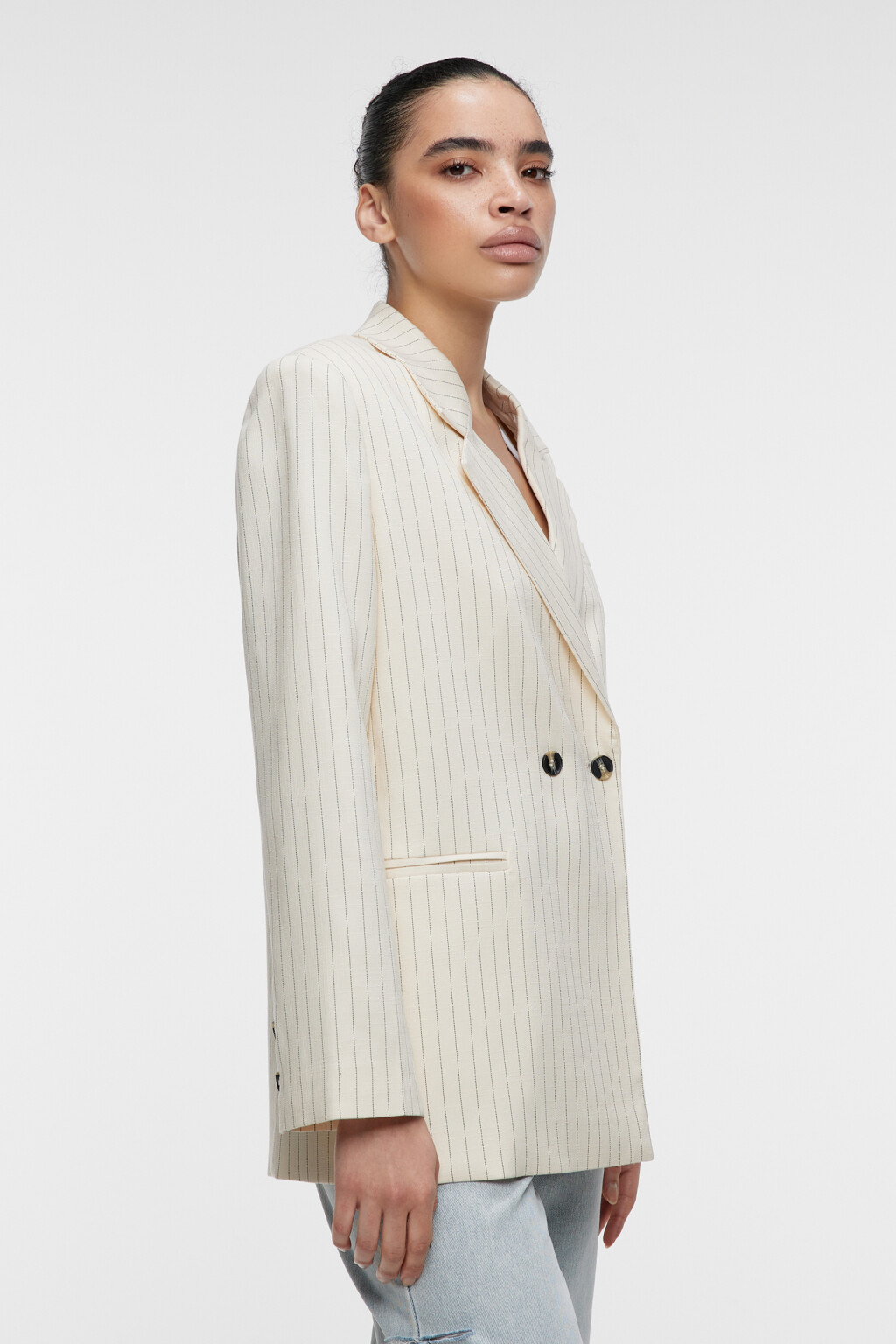 Пиджак oversize двубортный в вертикальную полоску - цвет бежевый - 3