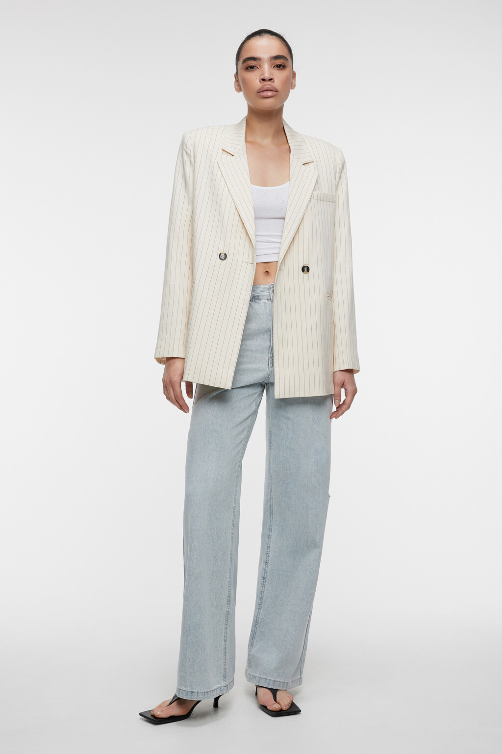 Пиджак oversize двубортный в вертикальную полоску - цвет бежевый - 1