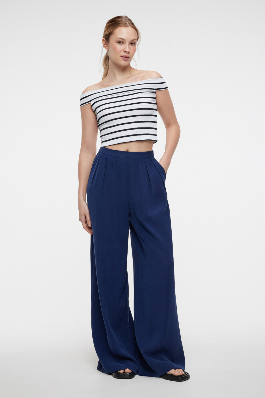Брюки-палаццо широкие вискозные с высокой посадкой - цвет синий - 10