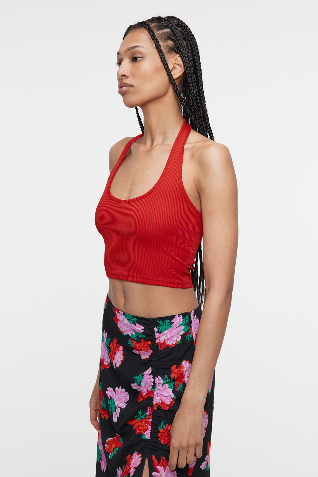 Топ-майка облегающий в рубчик с бретелью вокруг шеи - цвет красный - 2