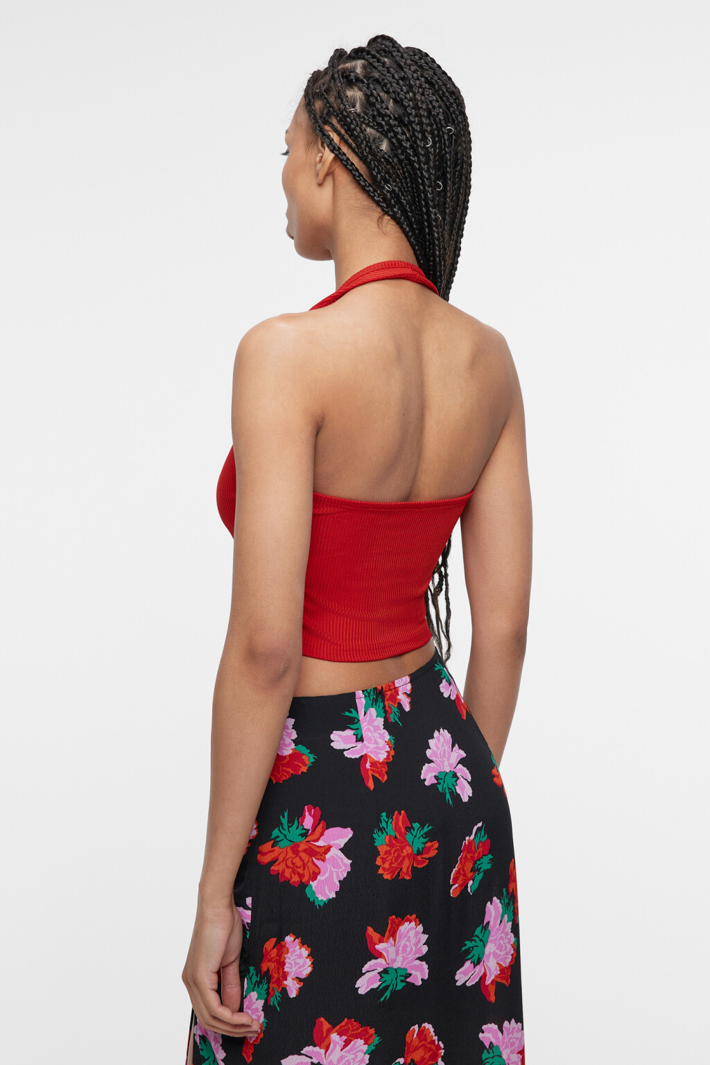 Топ-майка облегающий в рубчик с бретелью вокруг шеи - цвет красный - 3