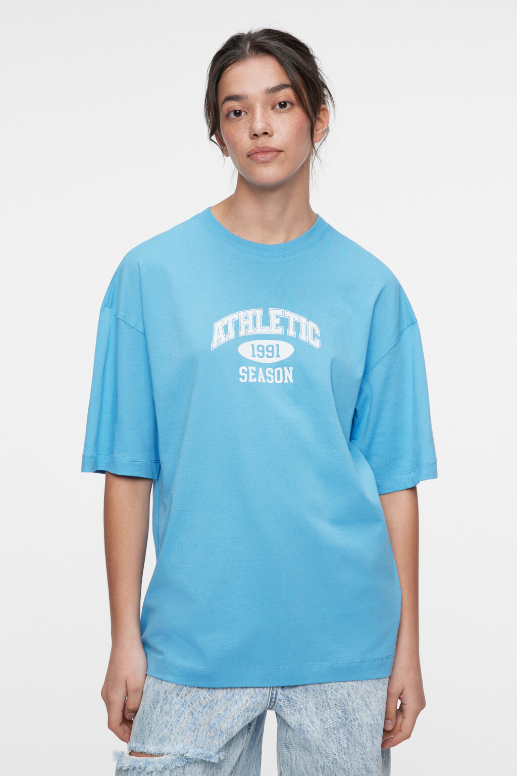Футболка oversize хлопковая с принтом-надписью - цвет голубой - 2