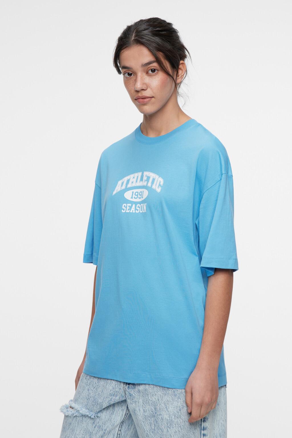 Футболка oversize хлопковая с принтом-надписью - цвет голубой - 3