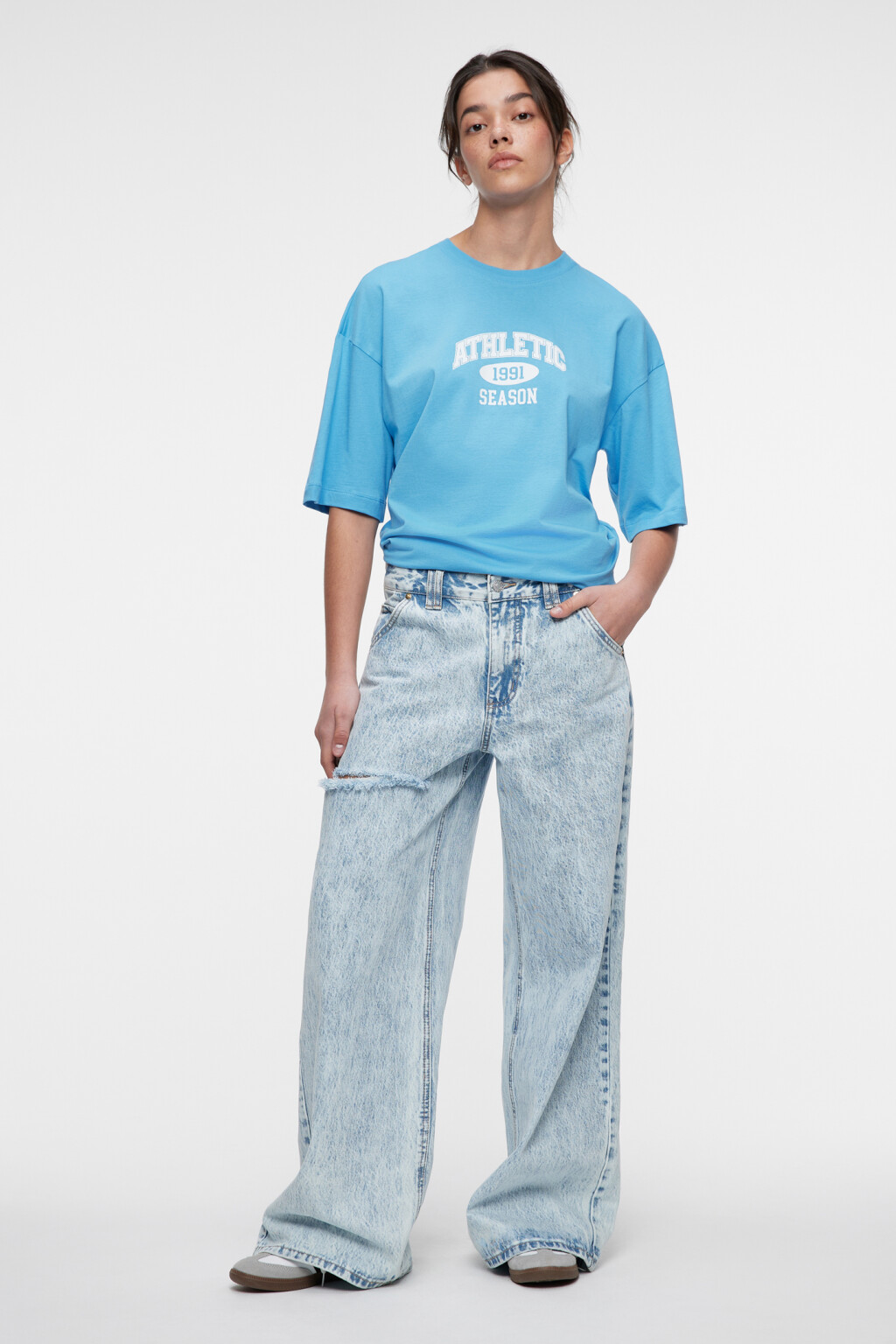 Футболка oversize хлопковая с принтом-надписью - цвет голубой - 1