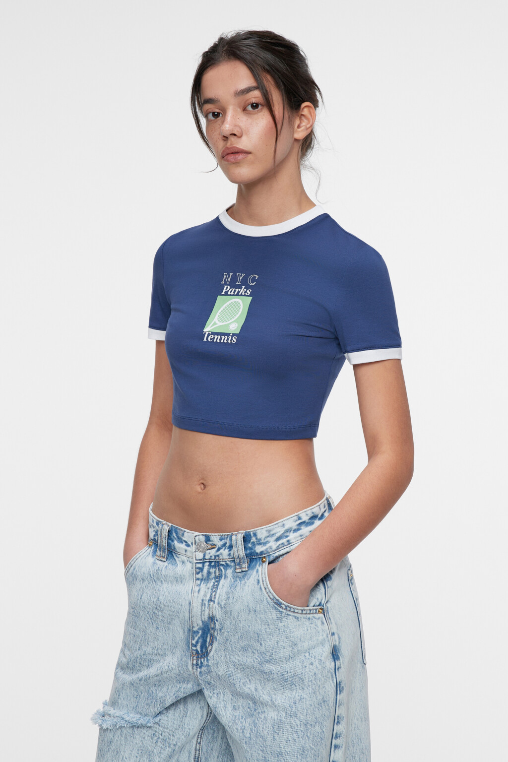 Топ-футболка хлопковый укороченный с принтом - цвет синий - 2