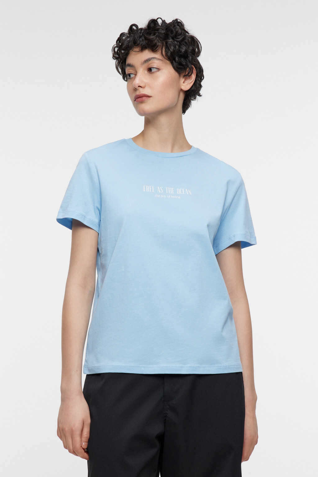 Футболка прямая хлопковая с принтом-надписью - цвет голубой - 1