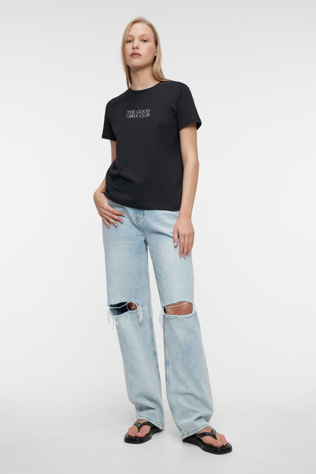 Футболка прямая хлопковая с принтом-надписью - цвет черный - 4