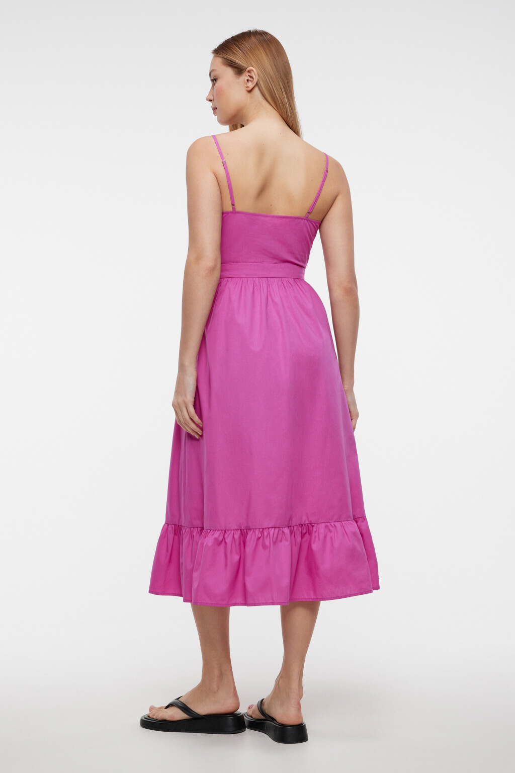 Платье-сарафан миди на тонких бретельках с воланами - цвет розовый - 3
