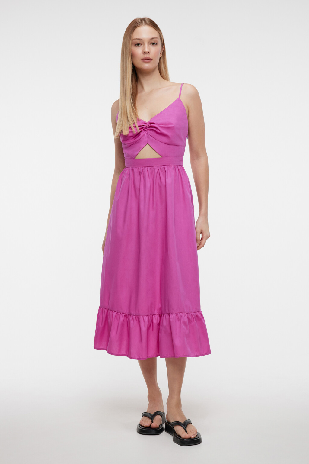 Платье-сарафан миди на тонких бретельках с воланами - цвет розовый - 4