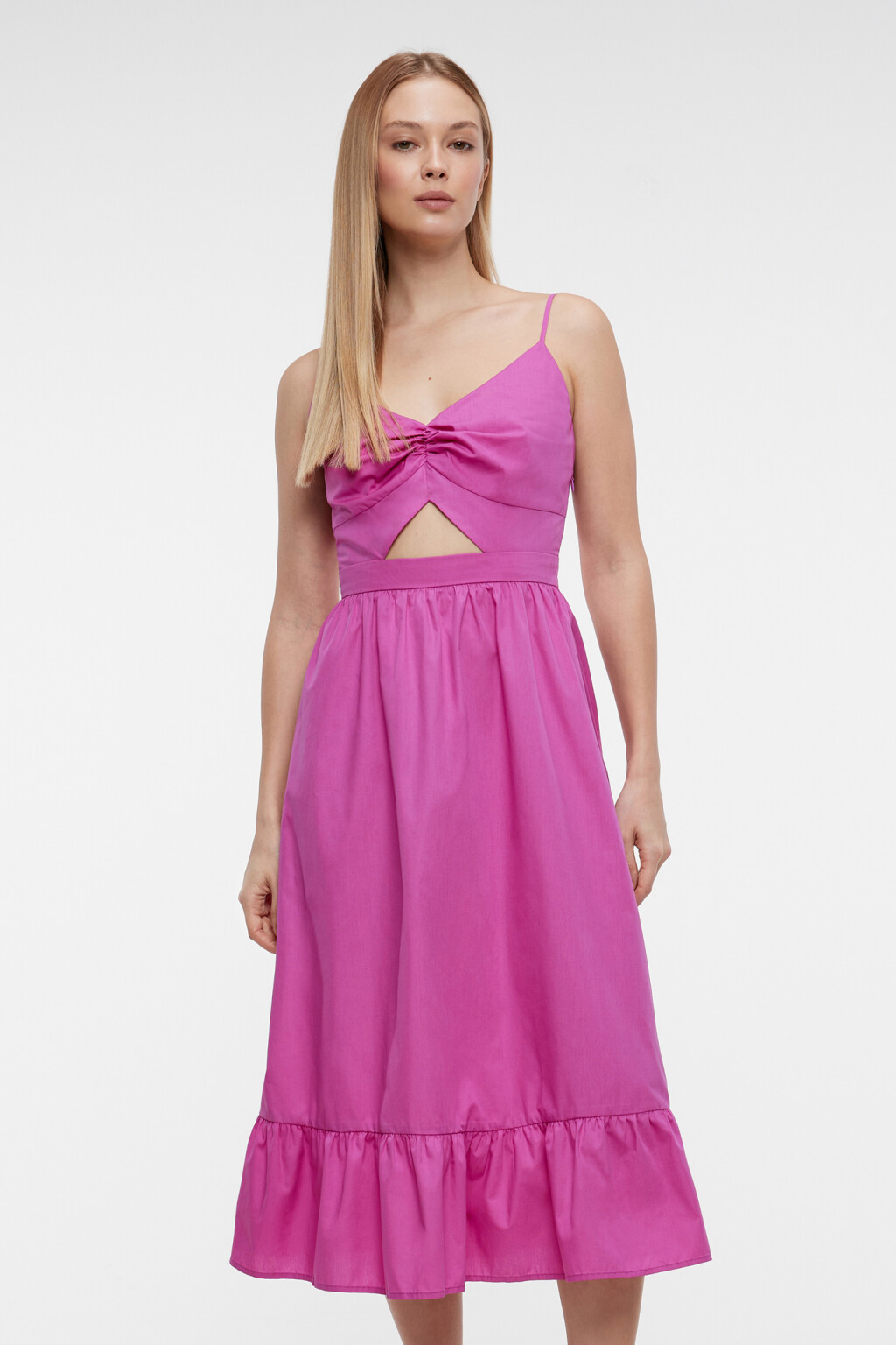 Платье-сарафан миди на тонких бретельках с воланами - цвет розовый - 7