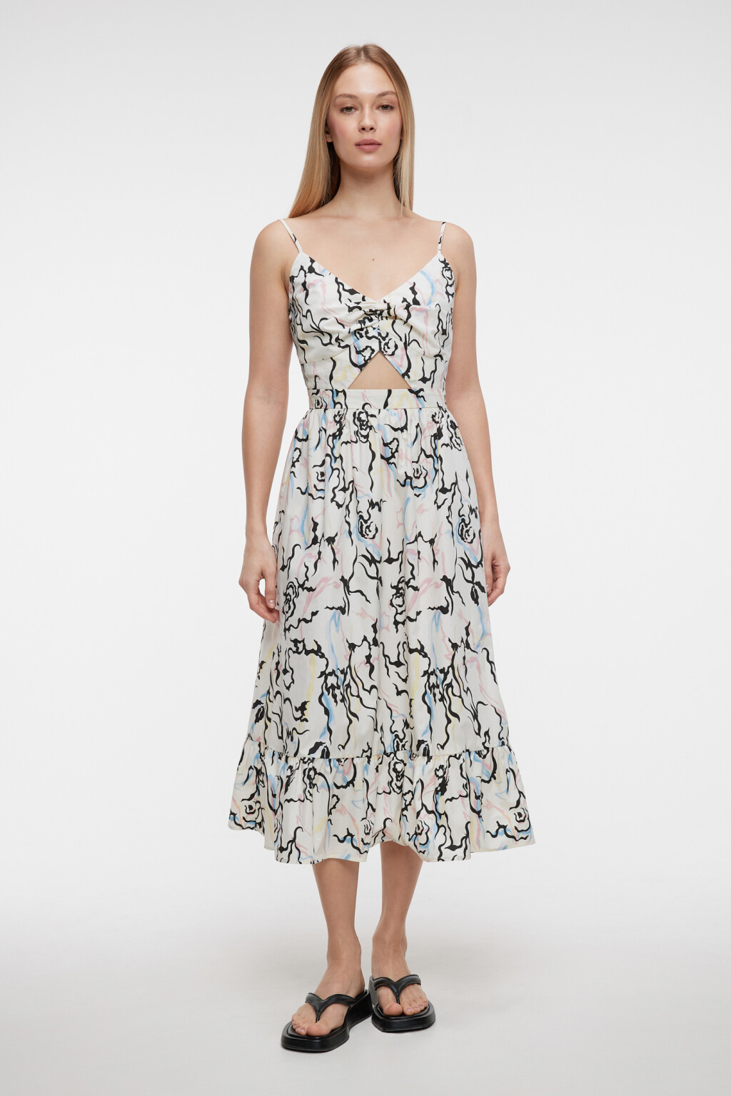 Платье-сарафан миди на тонких бретельках с воланами - цвет мультиколор - 1