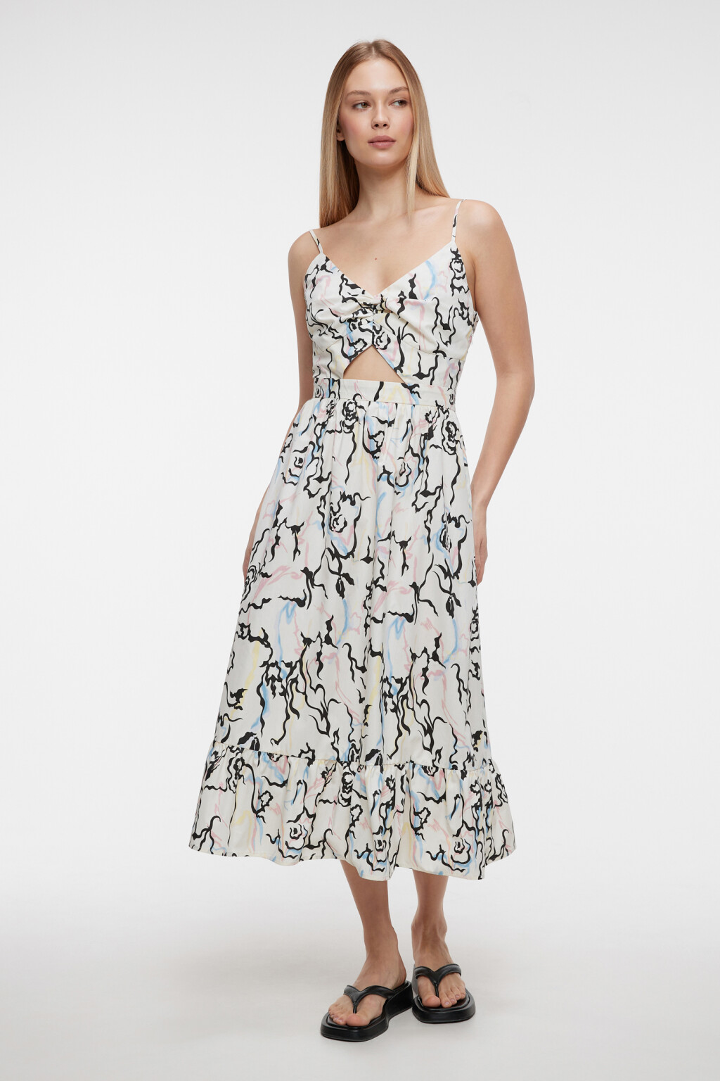 Платье-сарафан миди на тонких бретельках с воланами - цвет мультиколор - 4